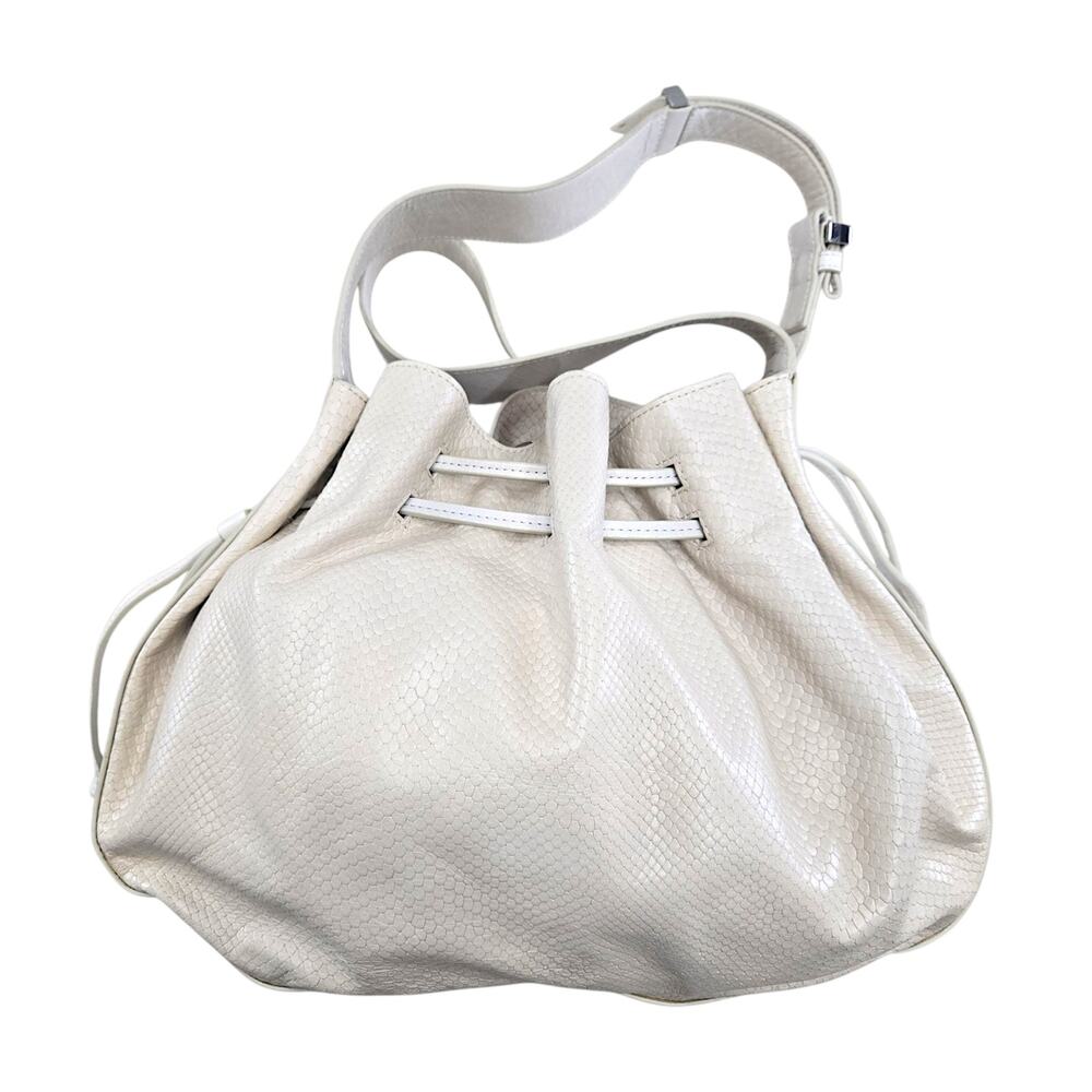 Halston Heritage Snakeskin Leather Drawstring Shoulder Bag Ivory Designer Purse